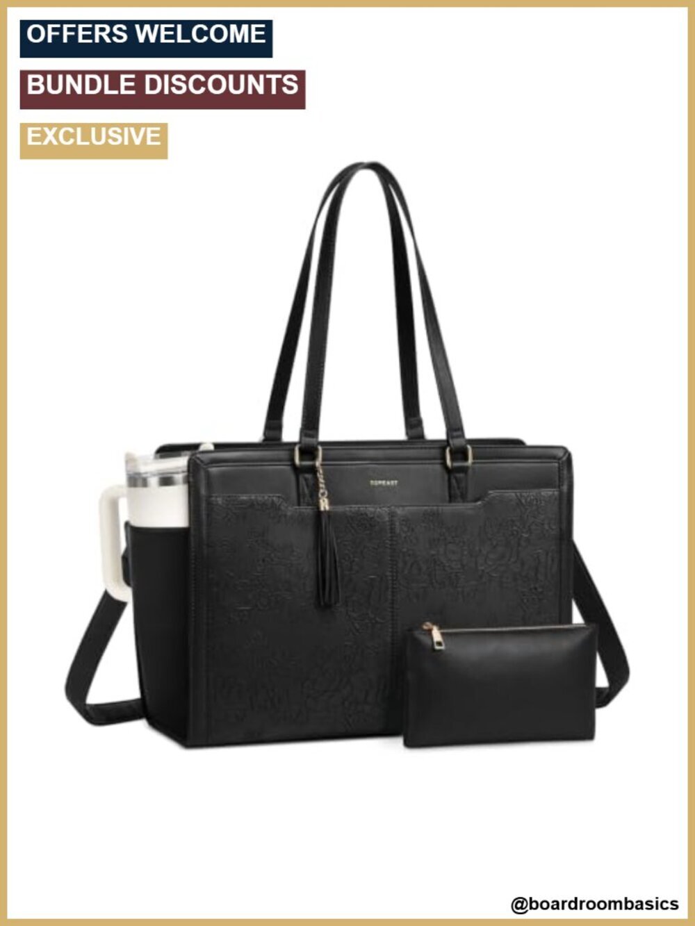 Vintage Embossed Vegan Leather 15.6" Laptop Work Tote with Cup Holder